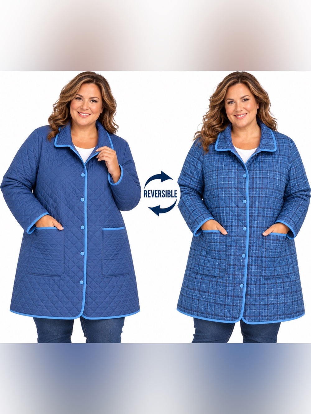 Lands’ End Coat Size 2X Blue Plaid Snap Front Reversible Quilted Long Plus Size